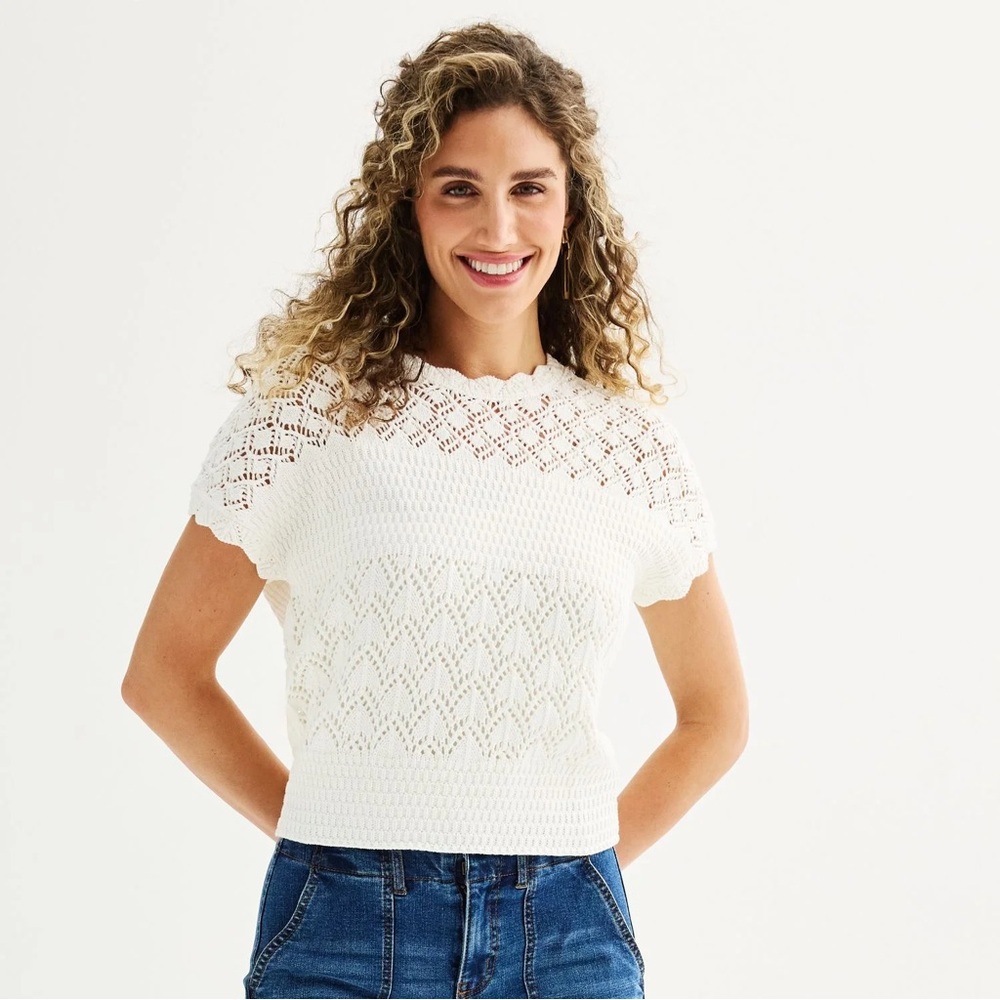 Draper James White Crocheted Short Sleeve Knit Top